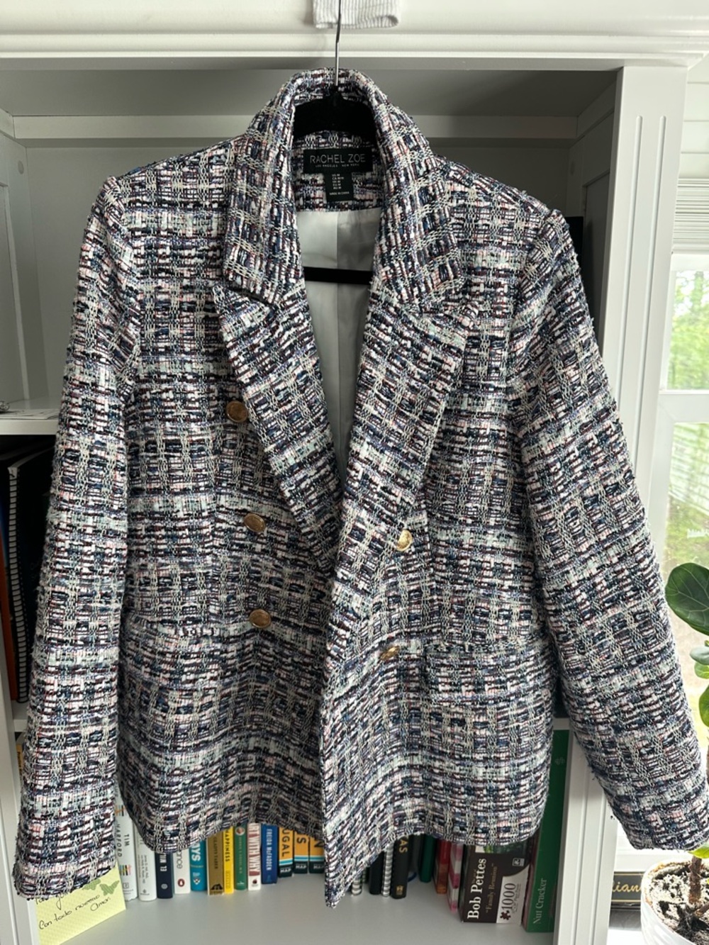 Rachel Zoe Quiet Luxury Navy and Cream Tweed Double-Breasted Blazer